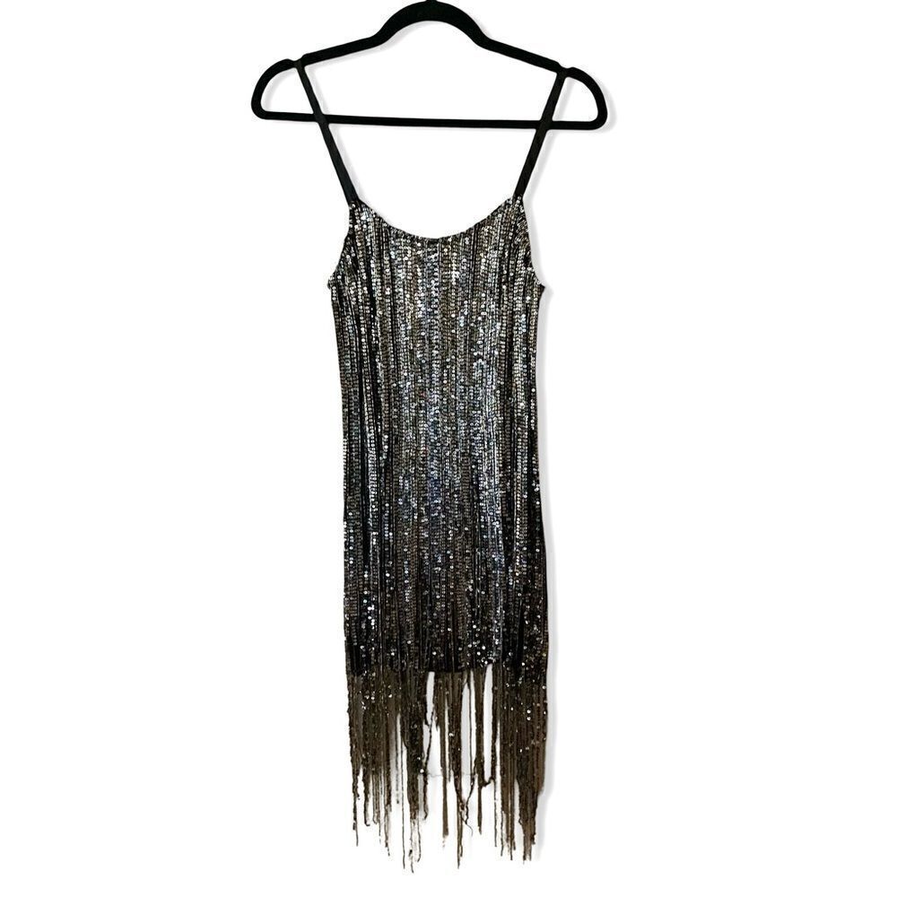 AMEN silver fringe dress black silver mini beaded cocktail party S New $1755 - Picture 6 of 14